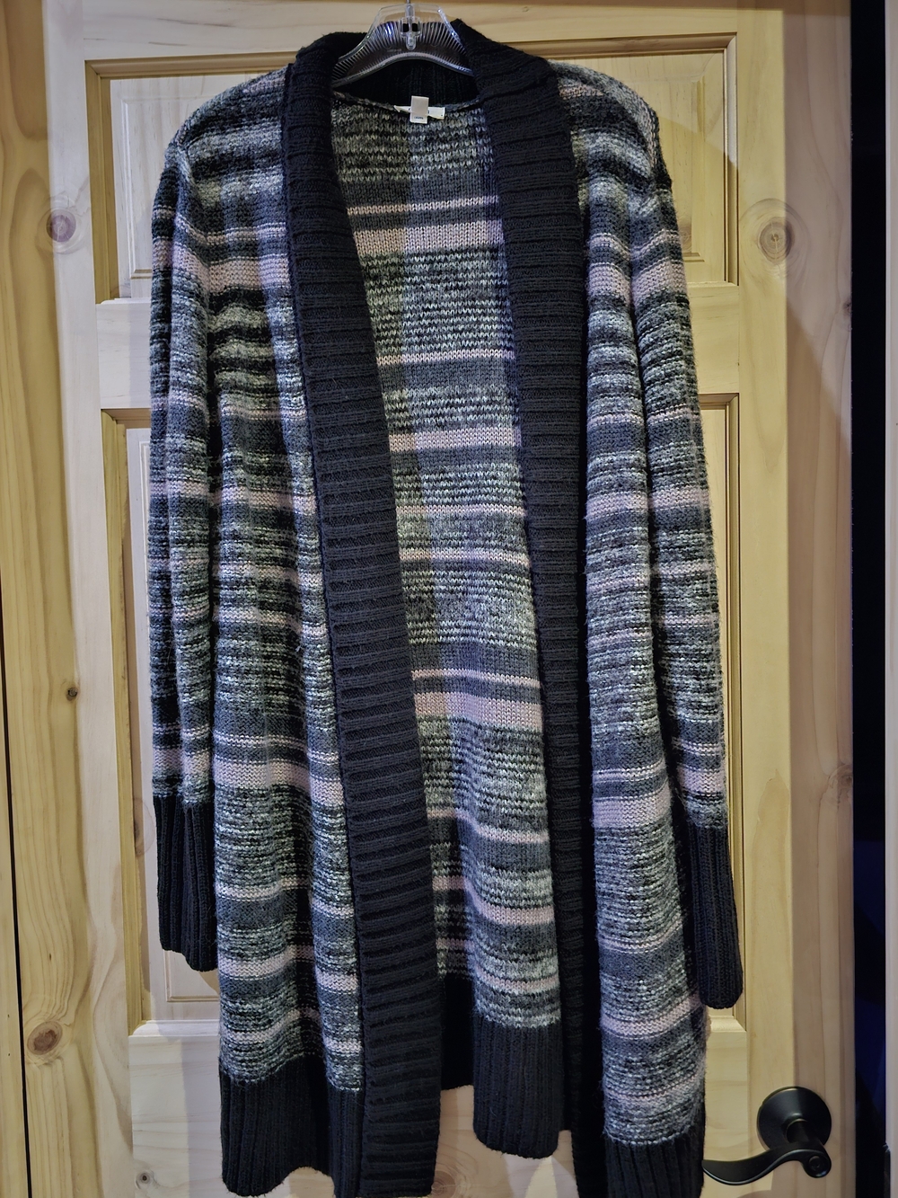 Caslon Open-Front Striped Cardigan in Black, Pink, and Gray